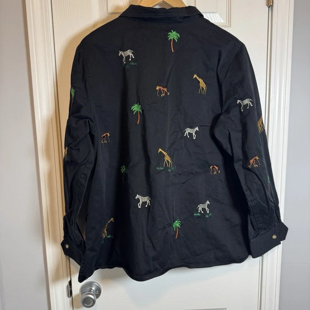Quacker Factory Jacket XL Black Embroidery Jungle Animal Print Zoo Palm Full Zip